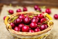 Red cherries in basket, ÃÂherry basket, red ÃÂherries on wooden